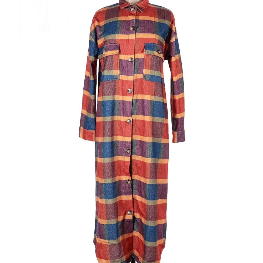 NWOT full sleeve flannel shirt dress maxi high neck, plaid print, multi color